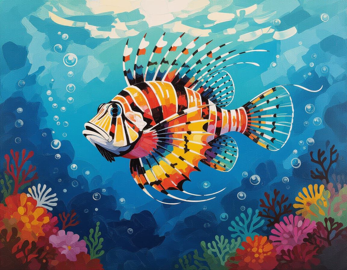 Lionfish in Turbulent Sea: Gouache Style Masterpiece