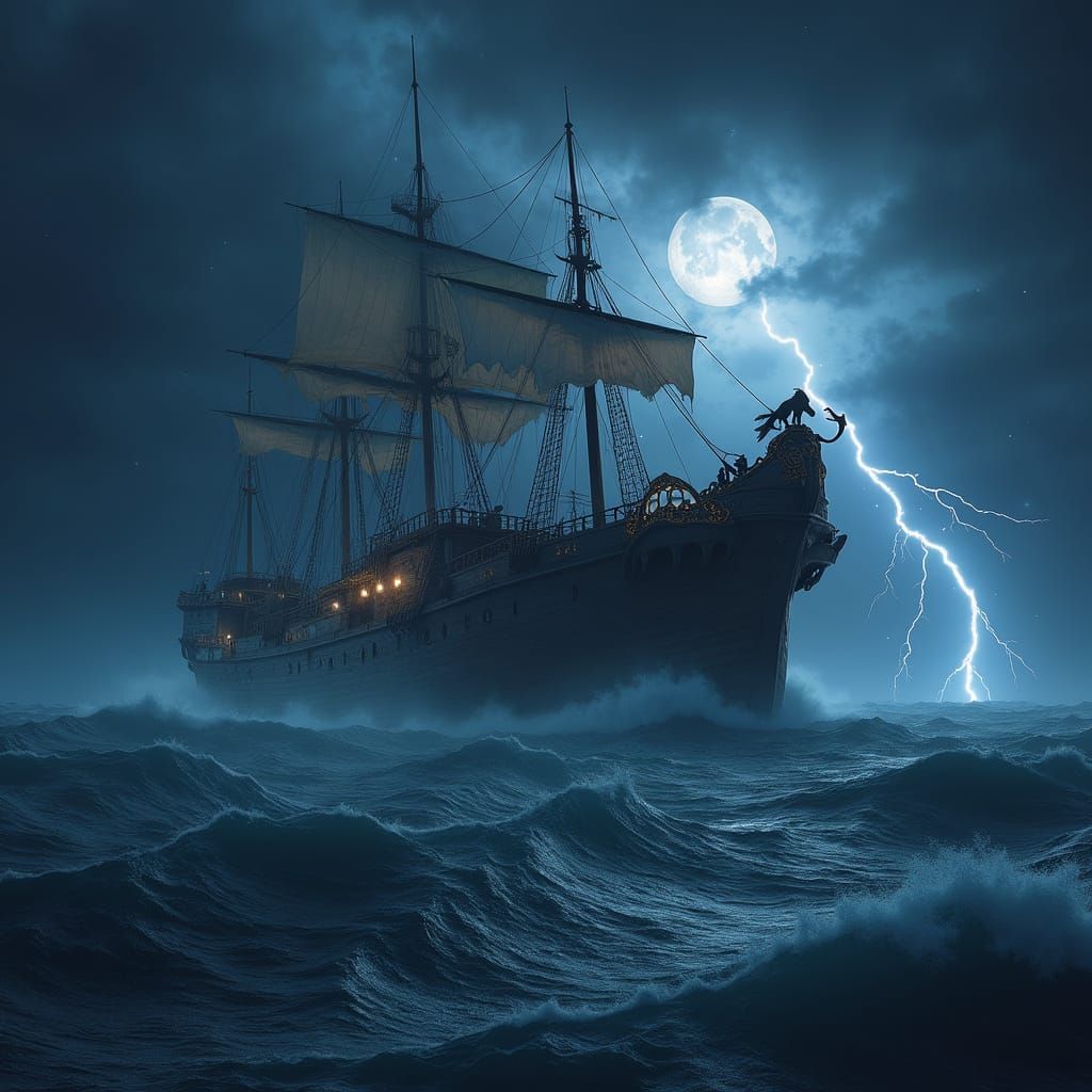 Majestic Gigant Noah's Ark in Turbulent Stormy Seas at Night