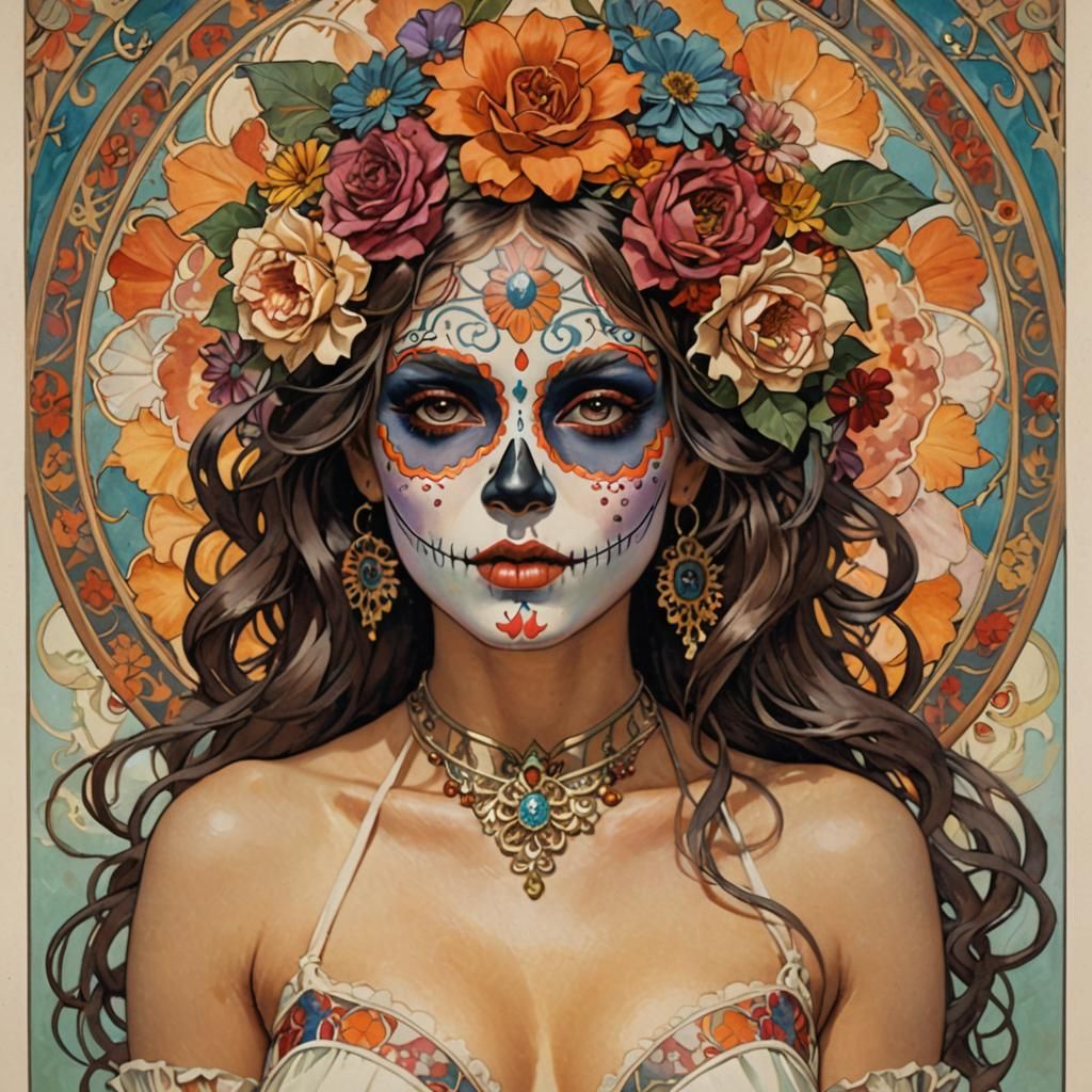 Woman in Día de los Muertos Face Paint, Art Nouveau Style