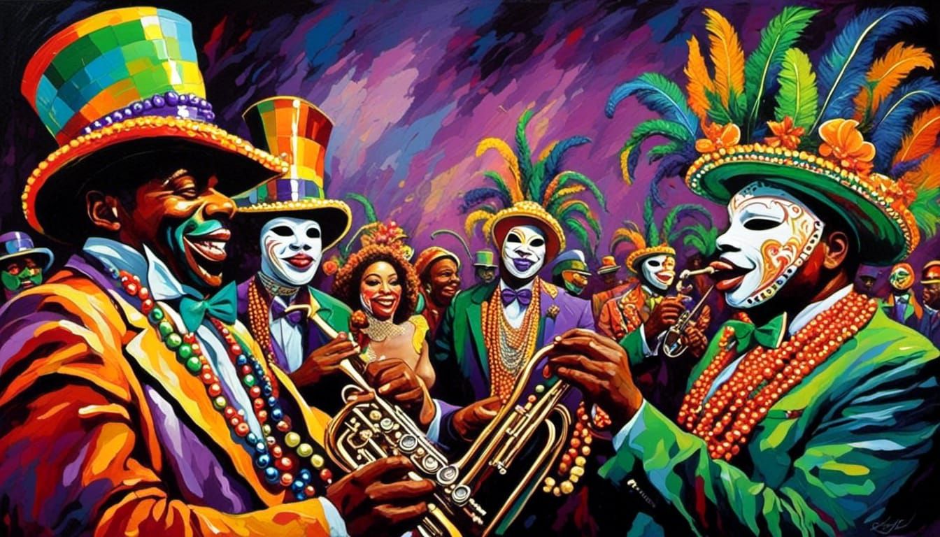 New Orleans Mardi Gras Celebration in Retro Impasto