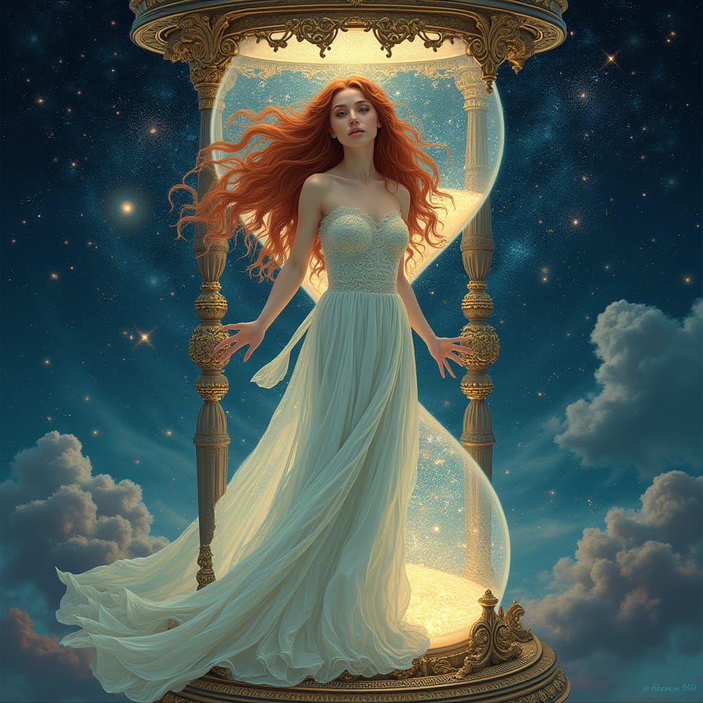 Cosmic Hourglass: Woman in Surreal Art Nouveau Style