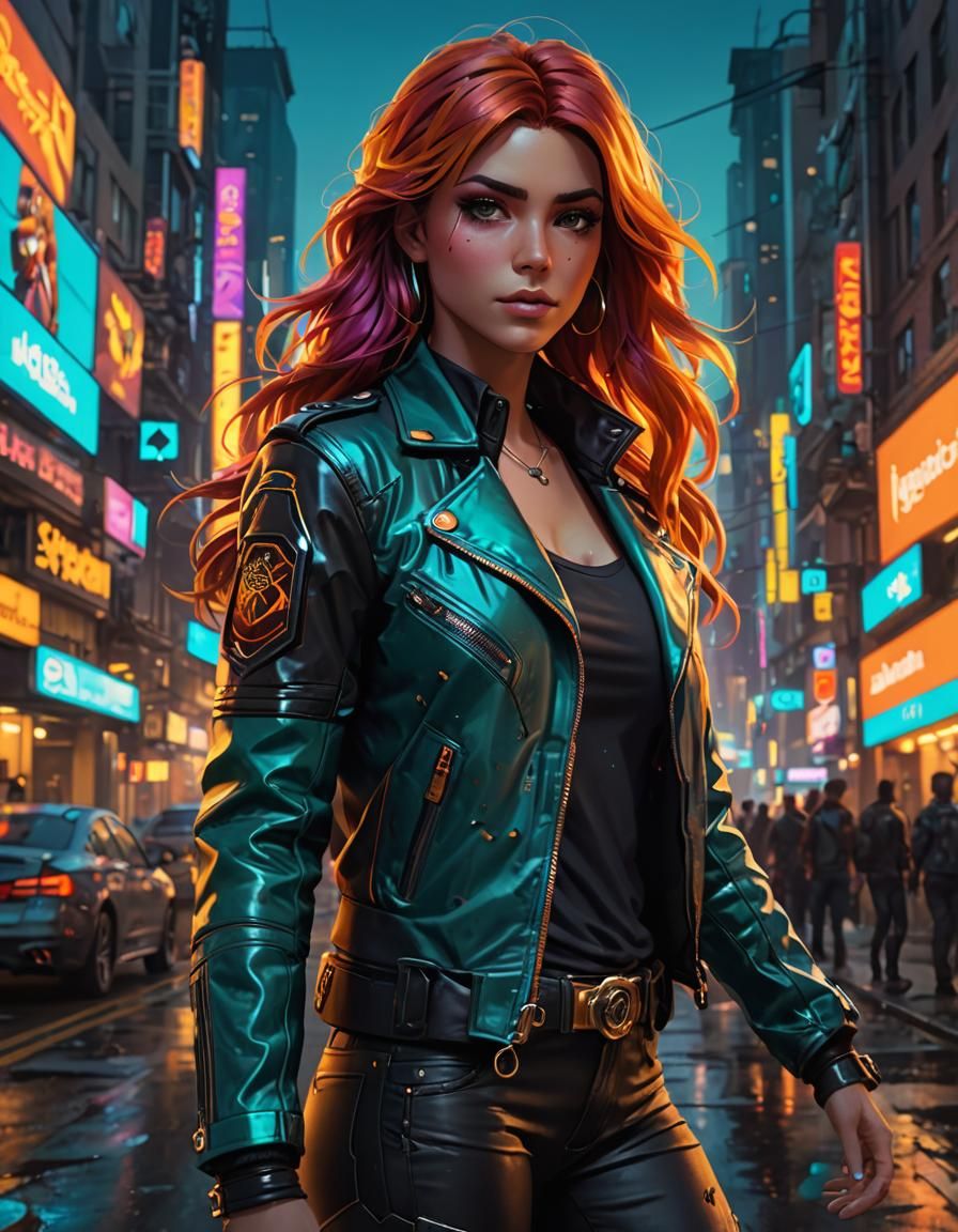 Cyberpunk Woman in Leather Jacket, Digital Art