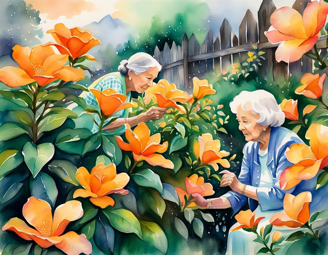 Watercolor Garden Scene with Grandmother and Granddaughter