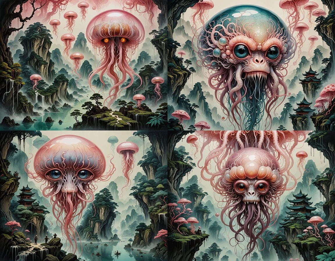 Surreal Monkey Mutant in Ethereal Shan Shui Style