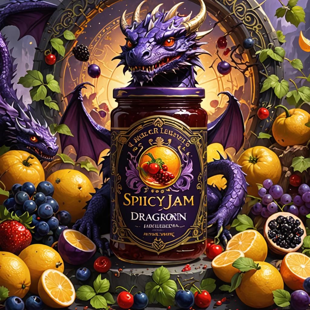 Spicy Jam Label with Fruit Dragons, Dark Fantasy Art