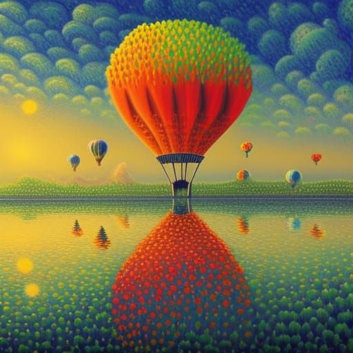 Surrealist Sunrise with Flower Balloons and Pointillism