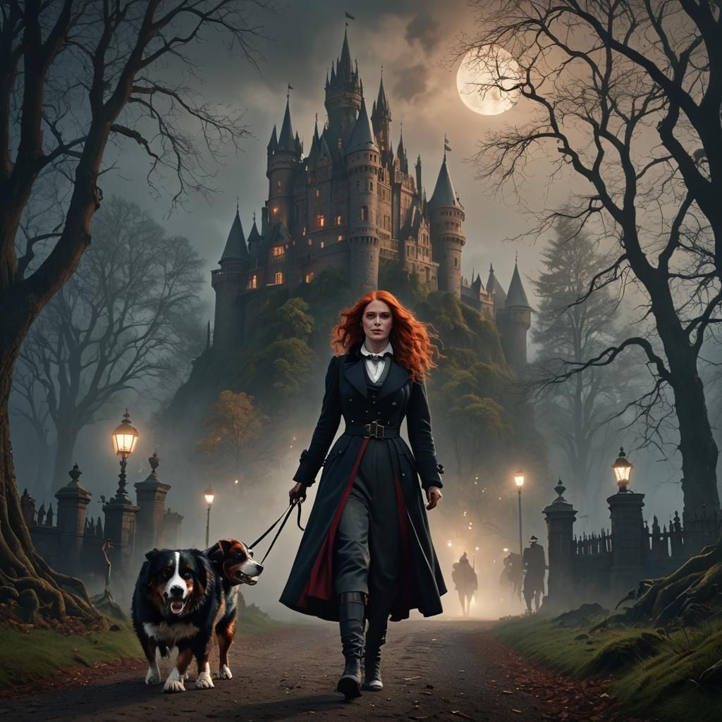 Victorian Woman with Dog in Misty Forest