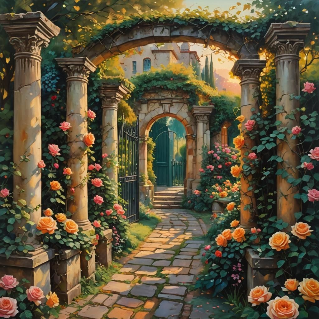 Garden Path Oil Painting in Triadic Colors