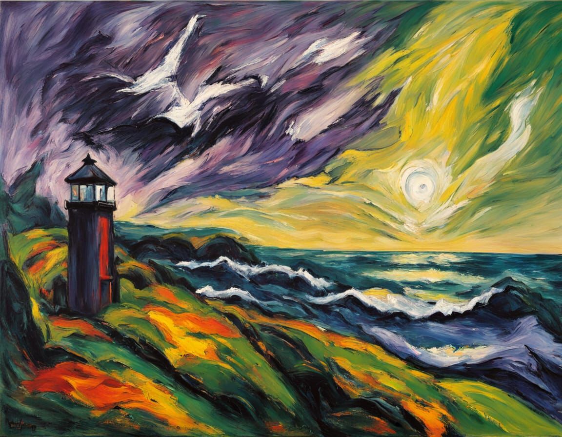 Expressionist Lighthouse on Jagged Cliffs in Impasto