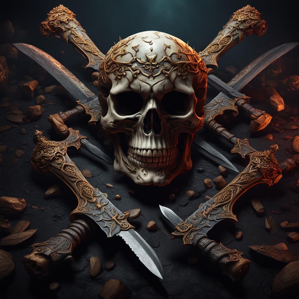 Skull with Eyes and Knives: Detailed Matte Painting