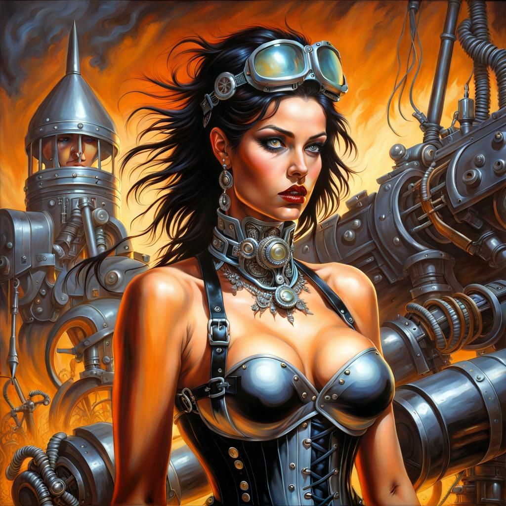 Chrome Cyborg in Gothic Post-Apocalyptic Cityscape