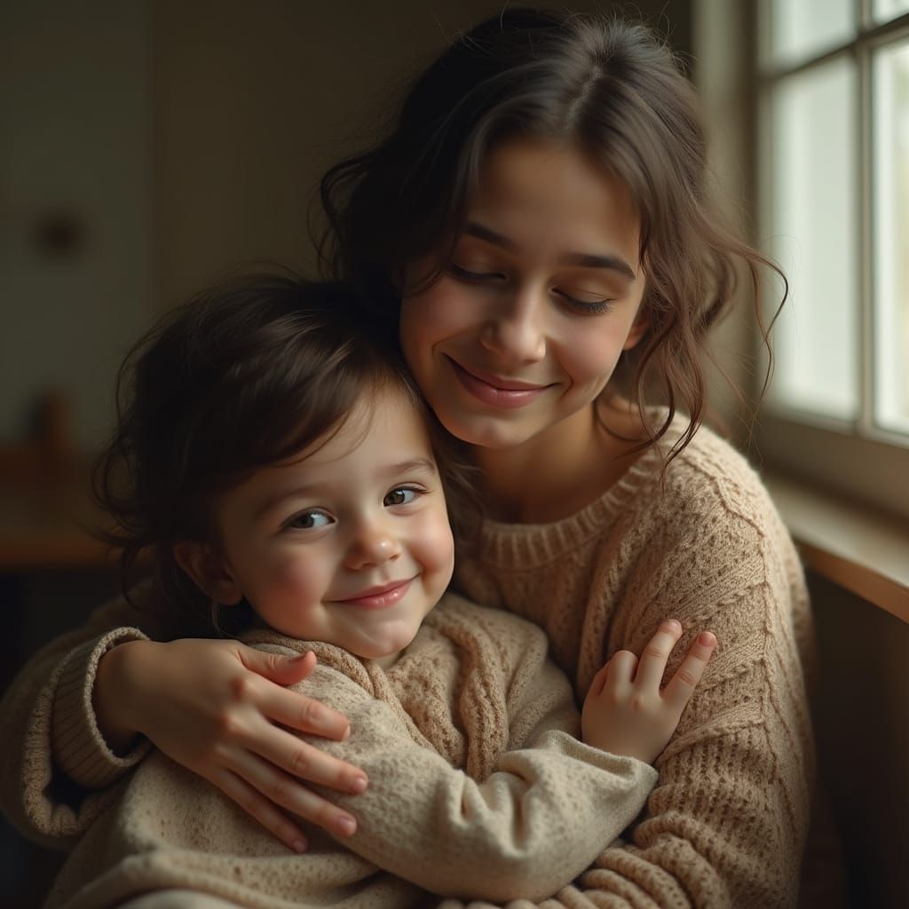 A Grown Woman's Tender Hug to Her Inner Child in Soft, Cinem...