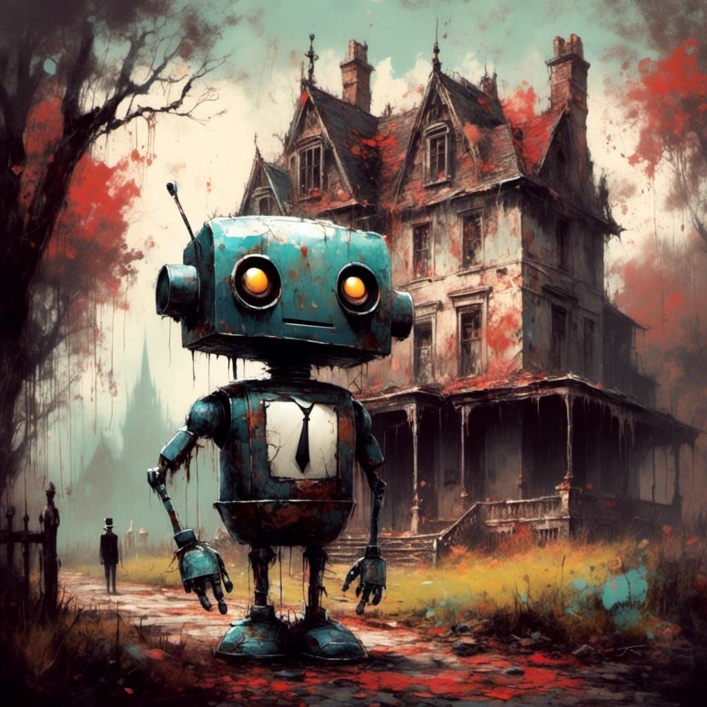 Robot Butler at Manor in Art Brut Style