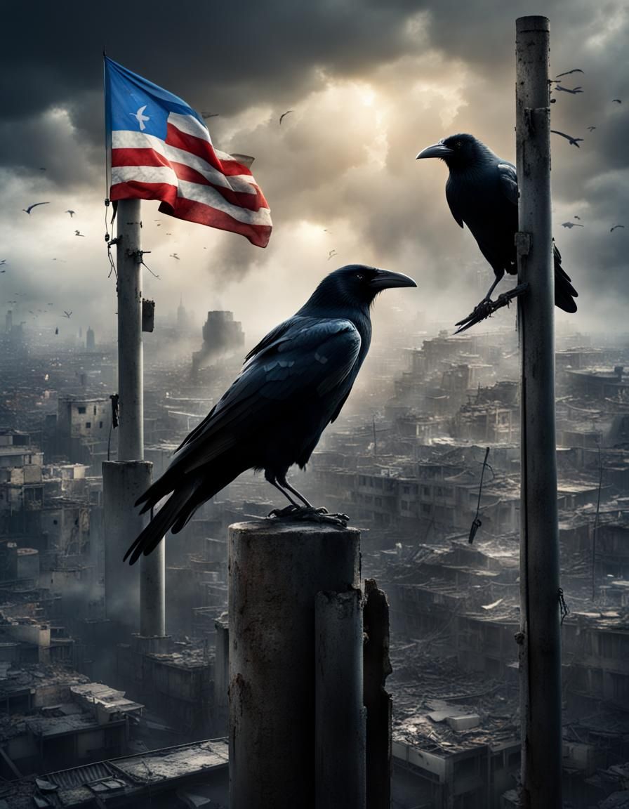 Crows Tearing Flags in War-Torn City: Digital Painting