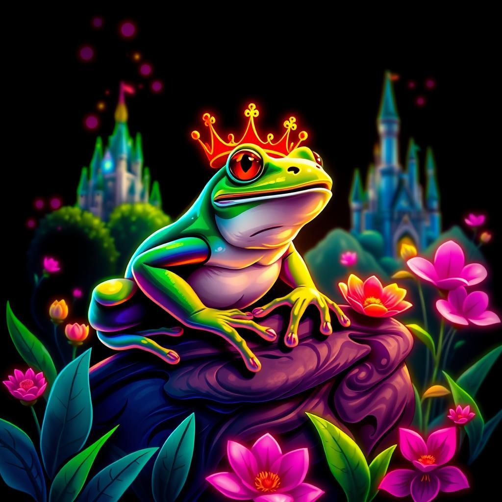 Crowned Frog in Fairytale Garden: Neon Line Art