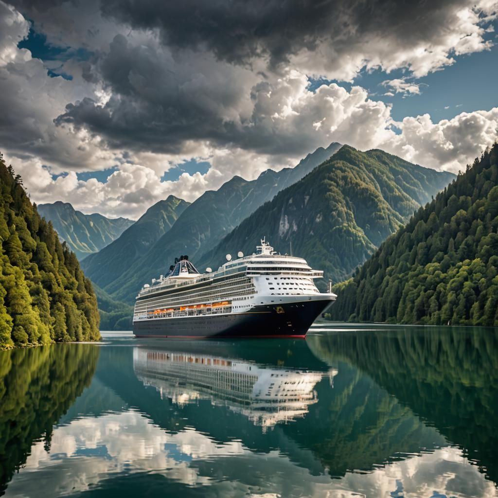 Cruise Ship on Lake with Mountains