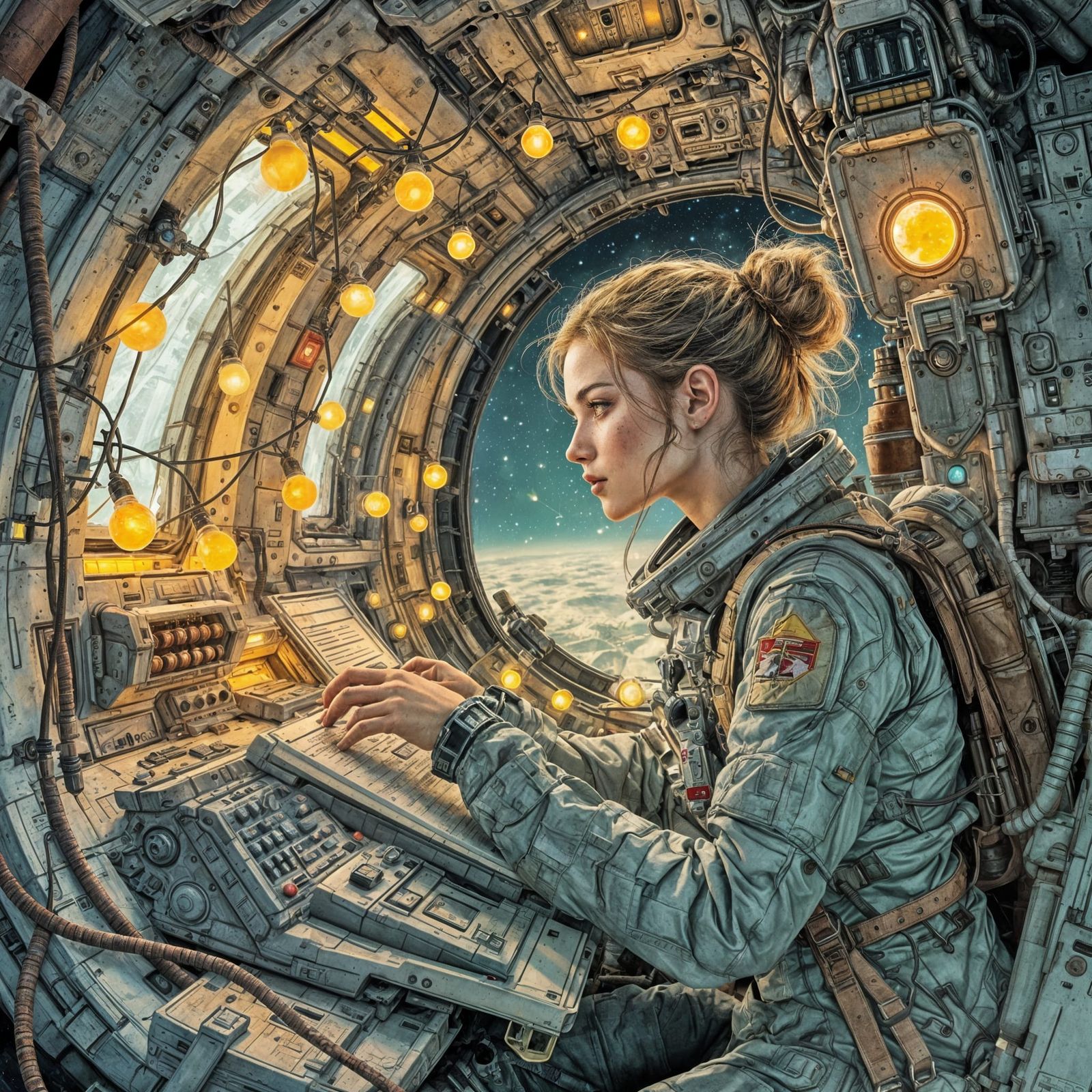 Pastel Sci-Fi Art of Adventuress in Clunky Spaceship