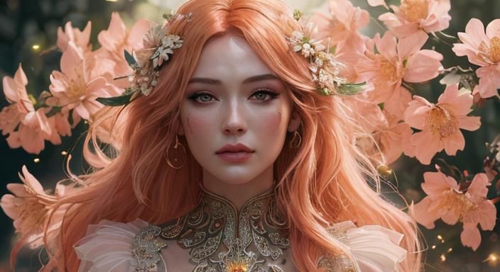 Peach-haired Girl with Flowers in Hyperrealistic Style