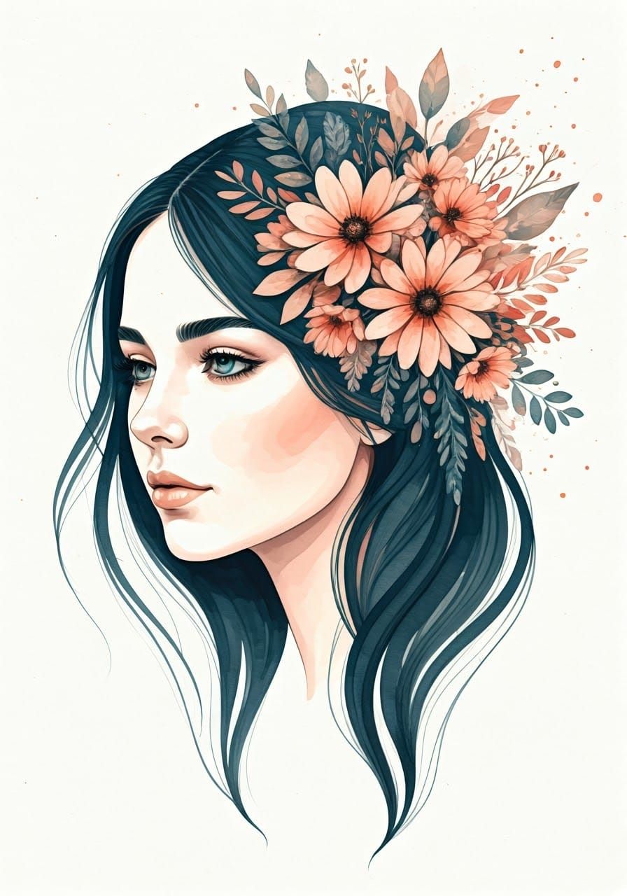 Woman's Face Blends into Whimsical Wildflowers in Soft Water...