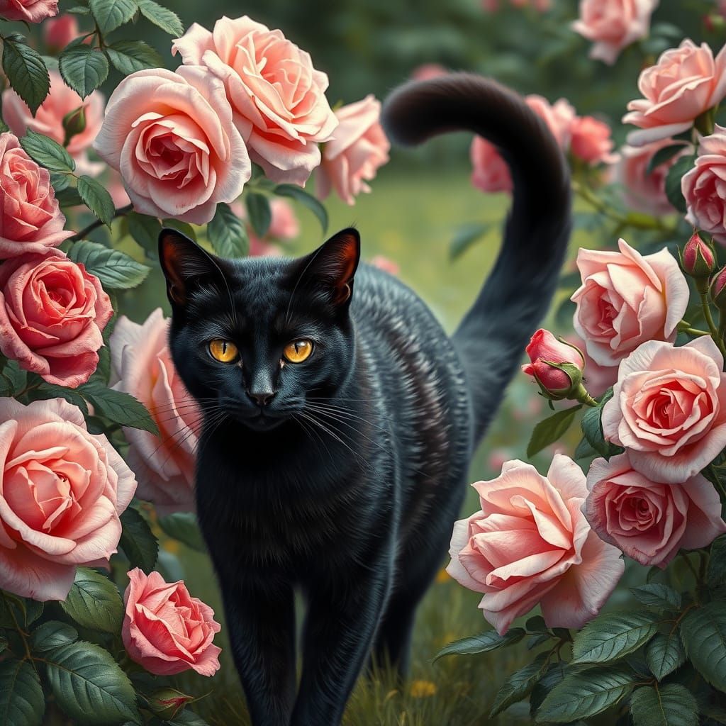 Black Cat in Rose Garden, Hyperrealistic Romanticism