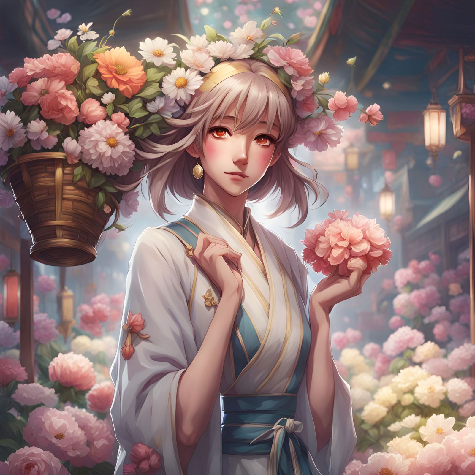 Anime Flower Seller Portrait in 8k Resolution