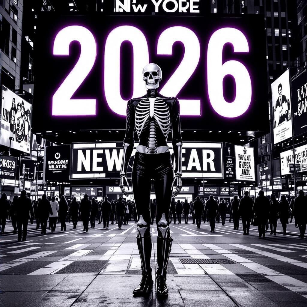 Skeleton Greets 2026 in Times Square
