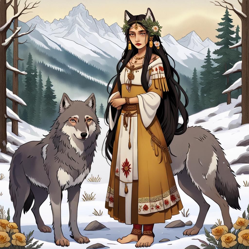 Medieval American Indian Woman with Wolf