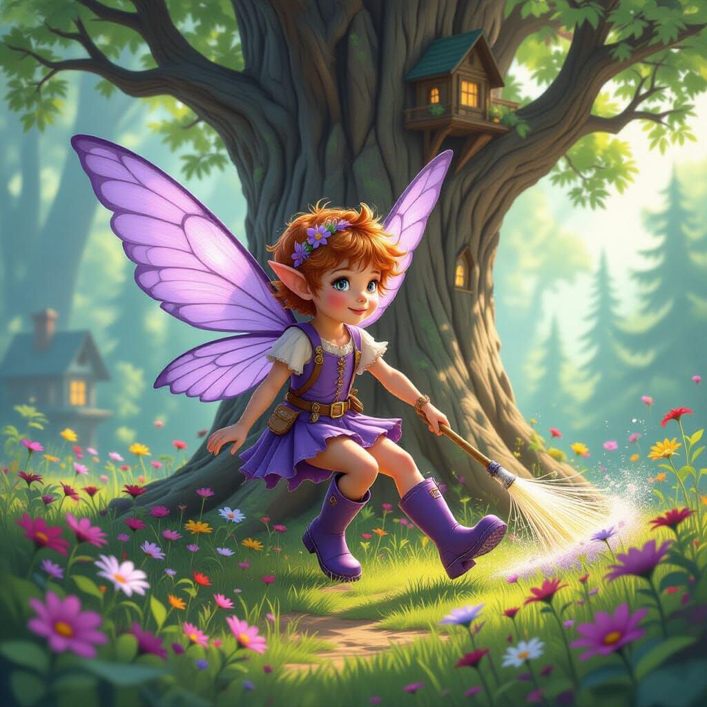 Fairy Boy Flying Above Forest with Giant Tree