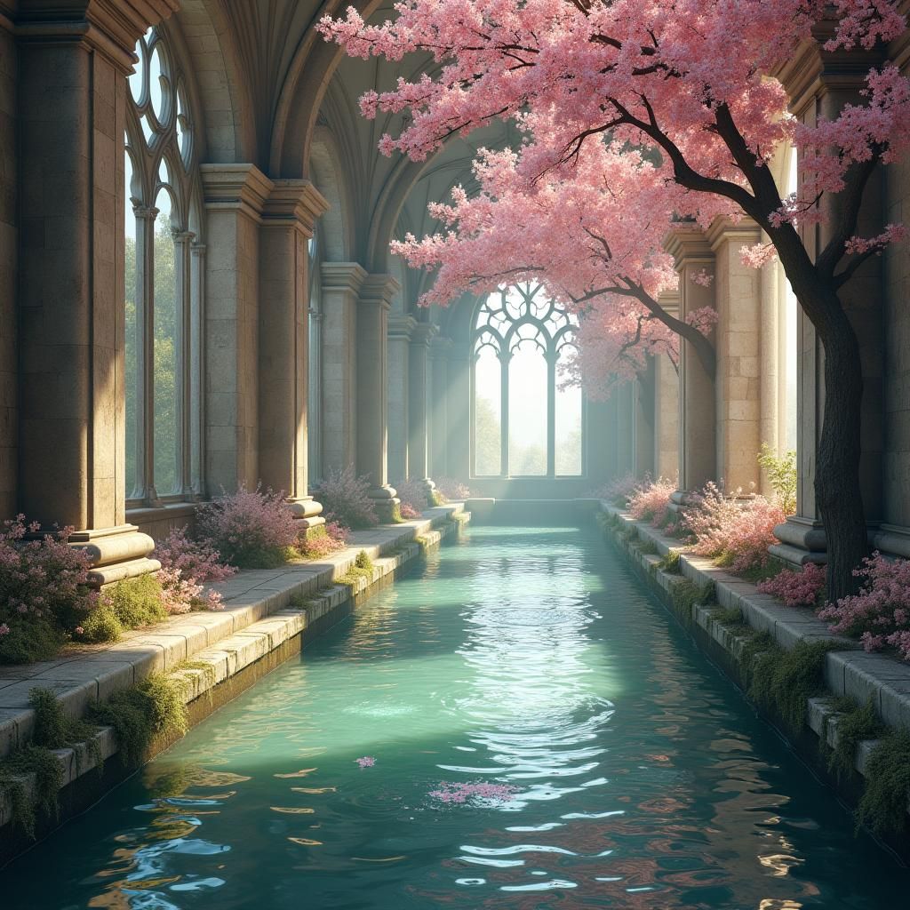 Crystal River Flows Through Castle in Digital Art