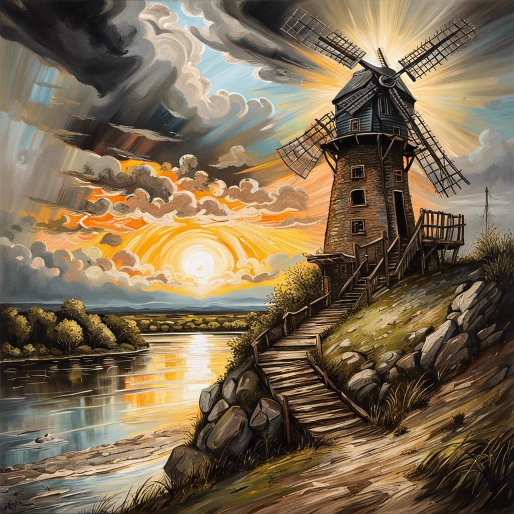 an old windmill, on a cliff, overlooking a lake, sun rays th...