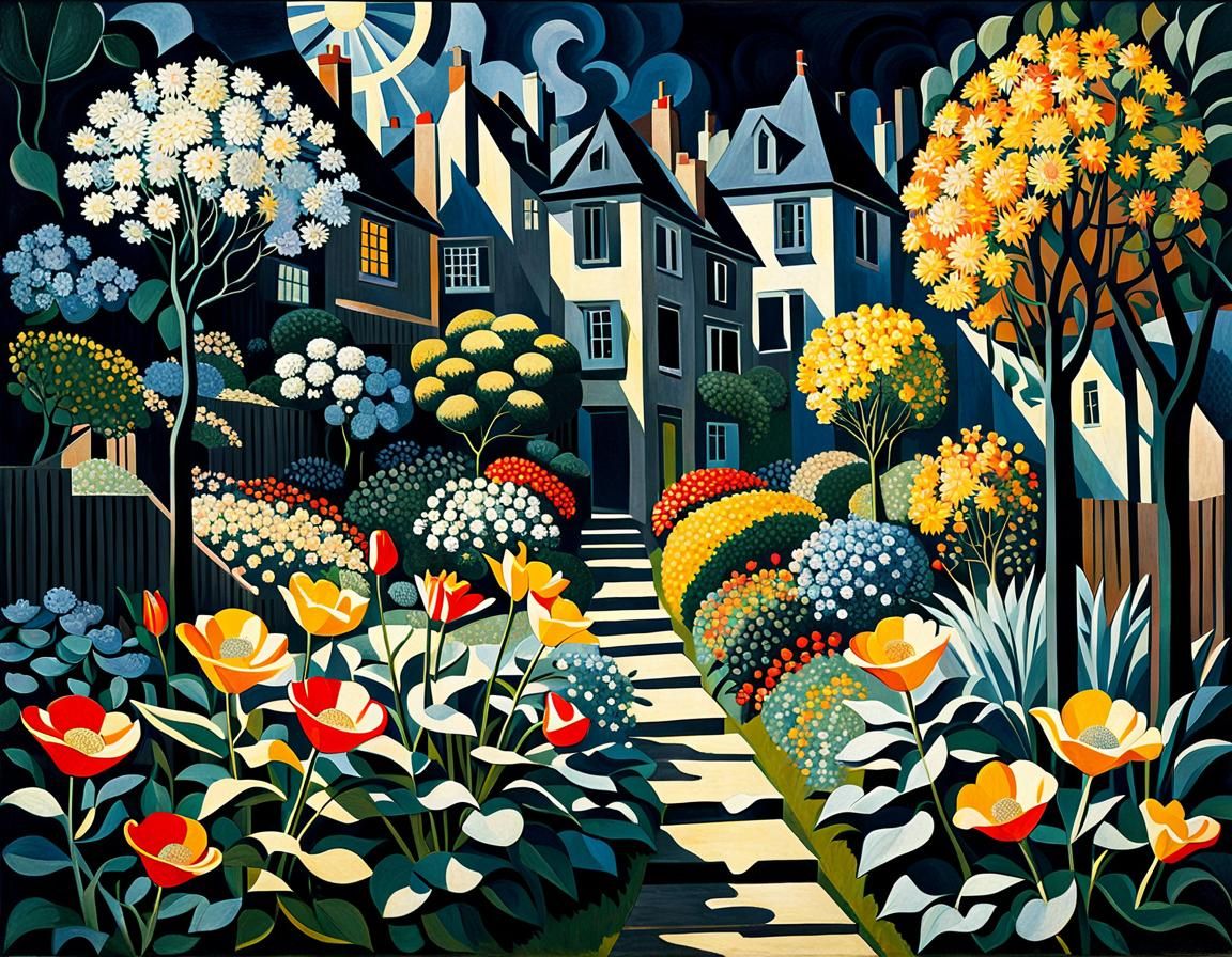 Impressionist Sunlit Garden Scene in Cubist Style