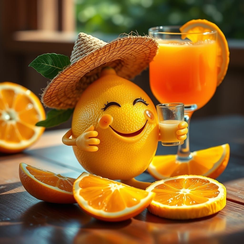 Vibrant Lemon Sips Orange Juice in Warm Hyperrealist Scene