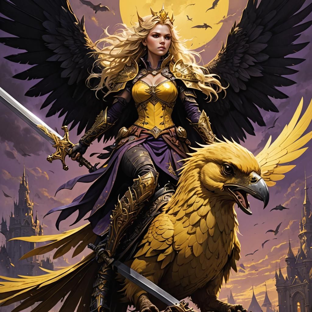 Fantasy Warrior on Giant Bird in Art Nouveau Style