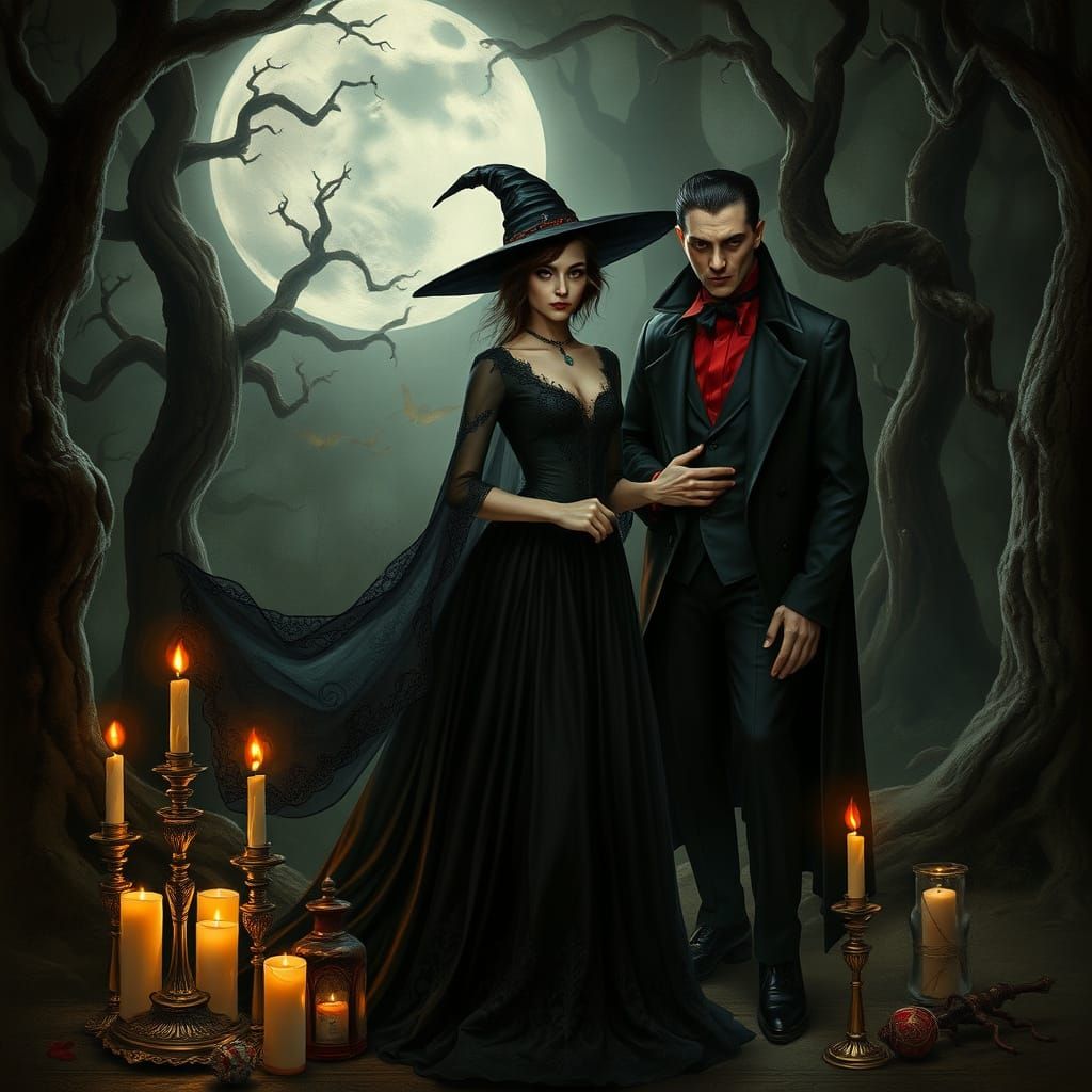 Dark Surrealism of a Witch and a Vampire in a Haunting Moonl...