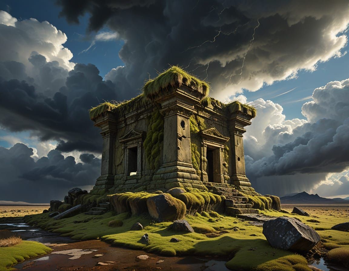 Ancient Stone Ruins Under Stormy Skies, Oil Painting