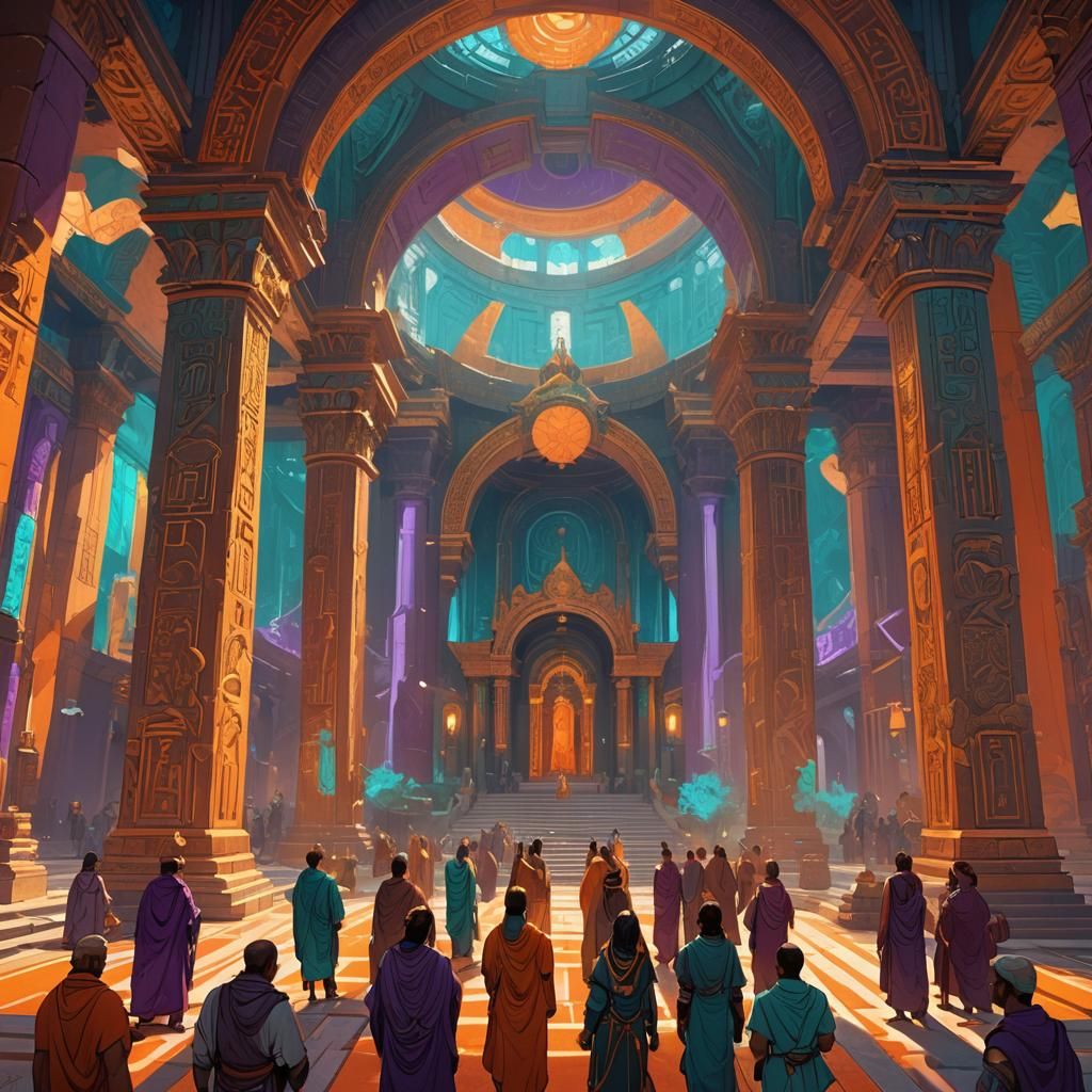 Ra and Parishioners in Ancient Temple: Ethereal Art