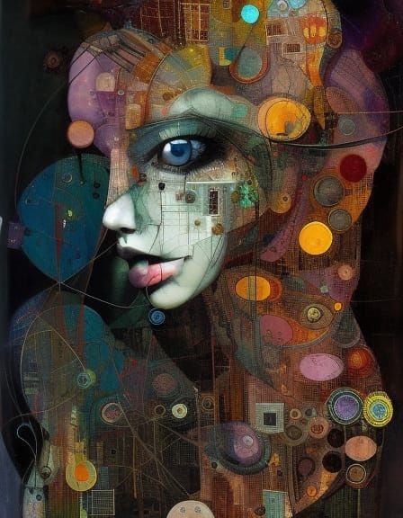 Surreal Woman's Portrait with Geometric and Floral Details