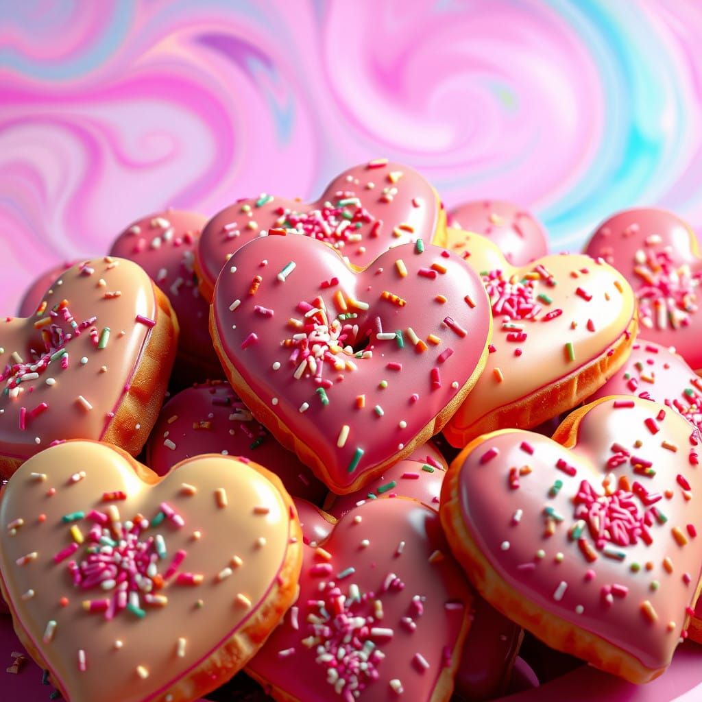 Vibrant Heart-Shaped Donuts in Whimsical Dreamworld