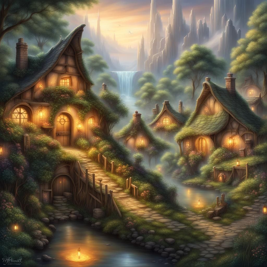 Ethereal Hobbit Village with Fireflies in Mist