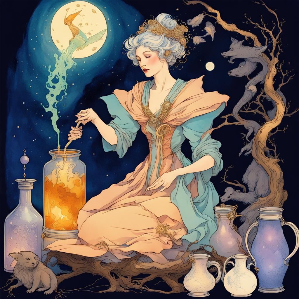 Enchanting Fairy Godmother Potion Brewing, Mucha-Inspired