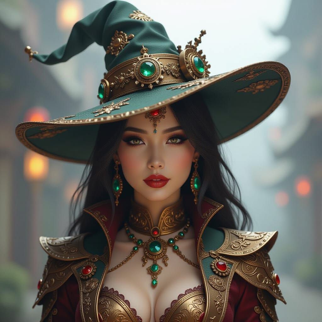 Steampunk Sorceress with Ornate Hat in 3D Render