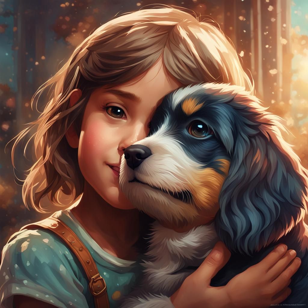 Girl Hugging Puppy Portrait in Detailed Splash Art