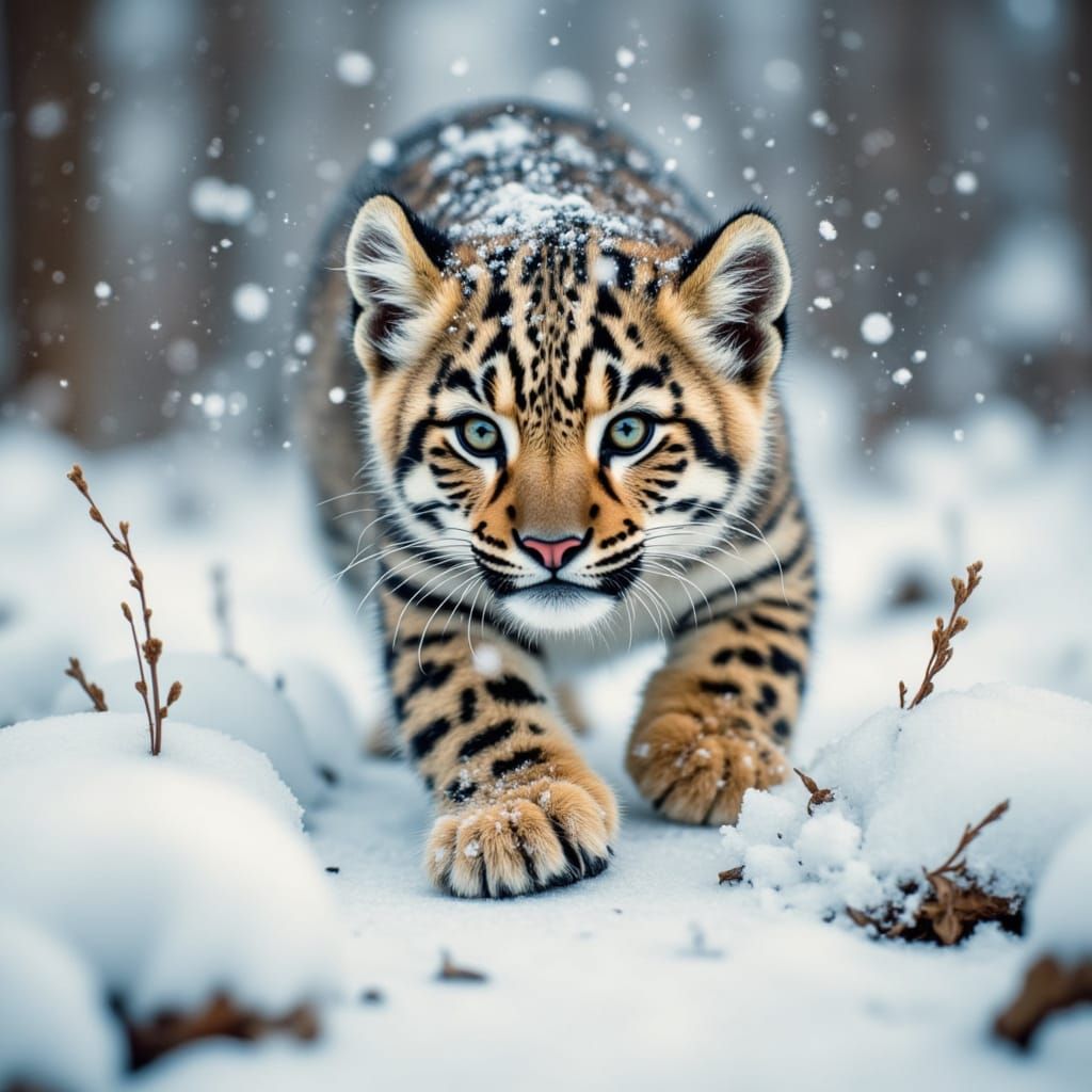 Cute Snow Leopard Cub Runs Through Snowy Landscape