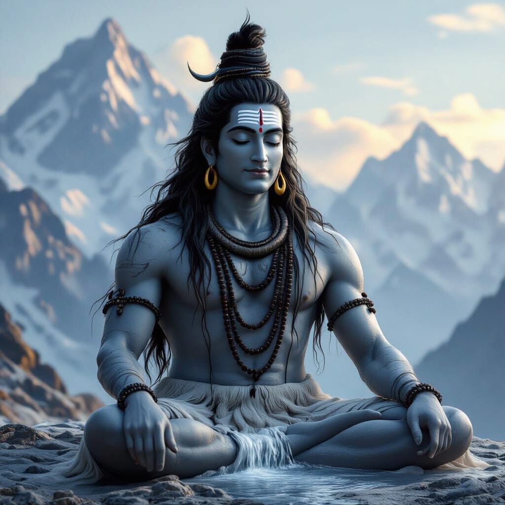 Lord Shiva Meditating on Himalayan Peak, Ash-Toned Skin