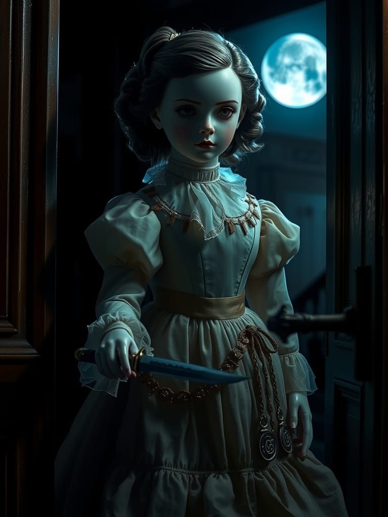 Haunting Porcelain Doll with Knife in Dark Doorway