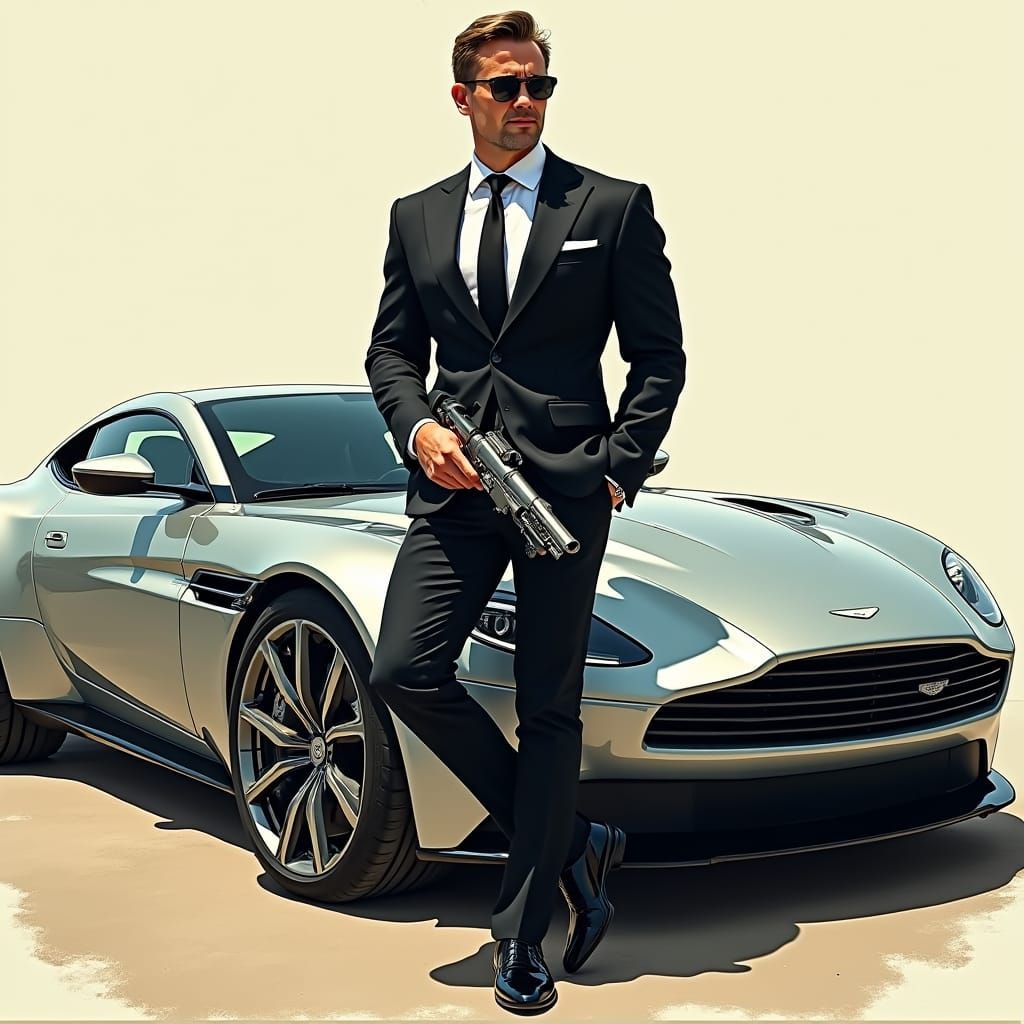Suave Man with Aston Martin in Futuristic Style