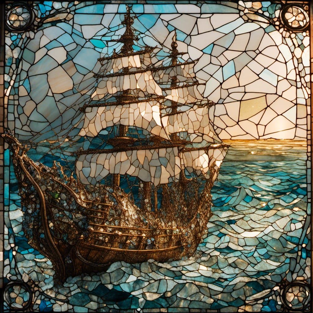 Stained Glass Ship at Sea with Cracked Glass Effect