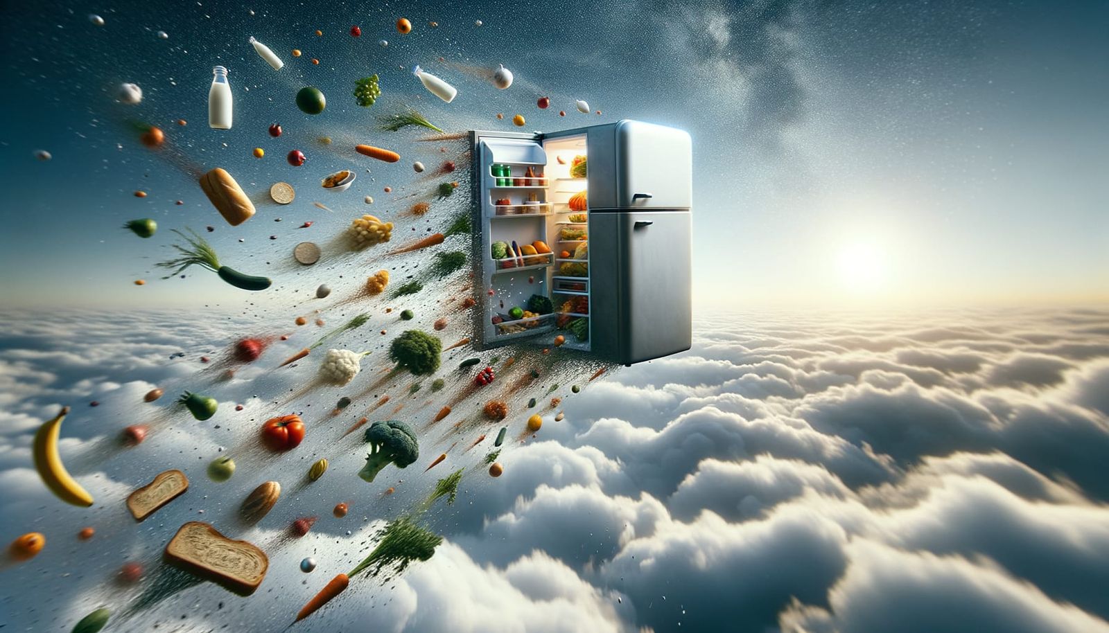Flying Fridge Rains Food in Fantasy Sky