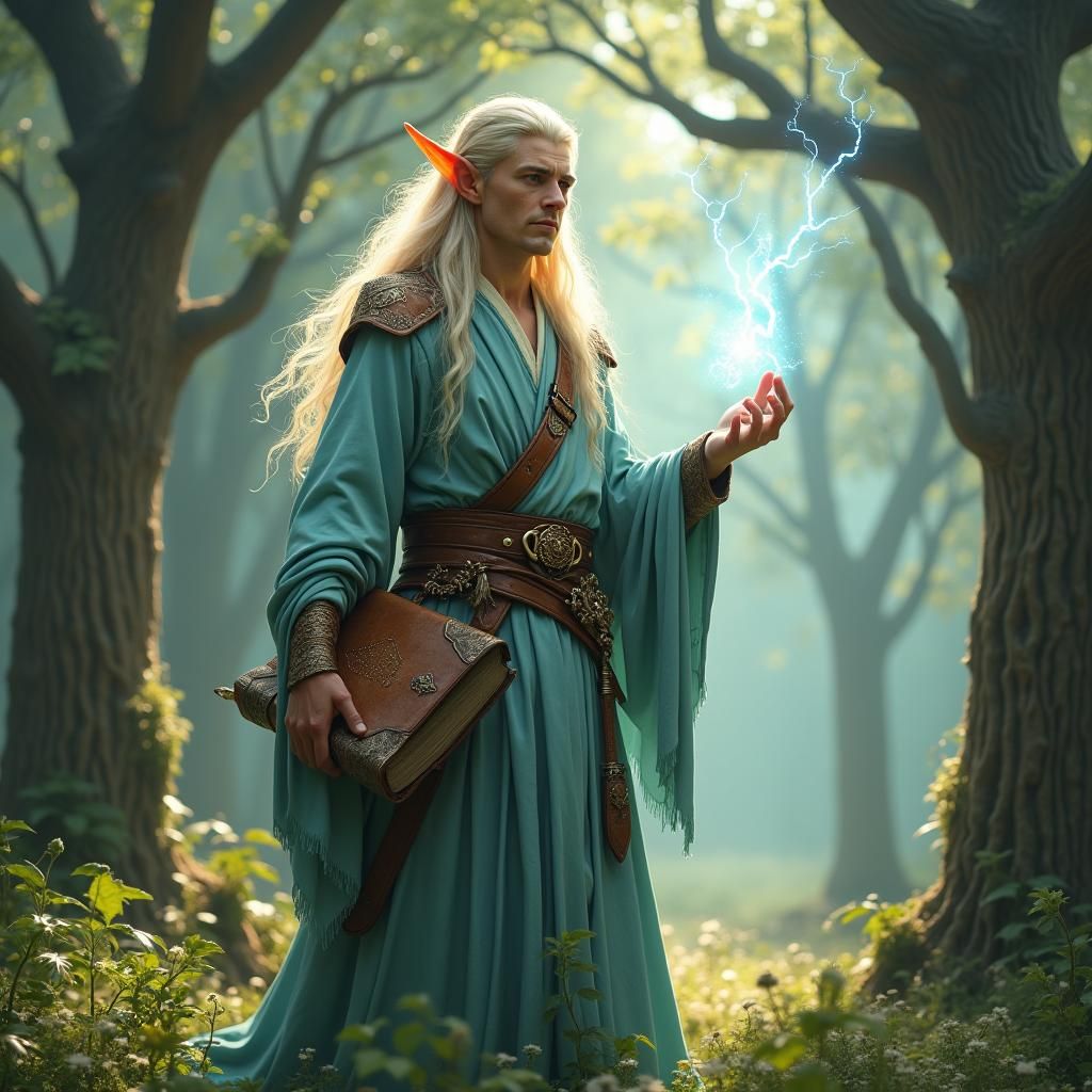 Ethereal Elven Wizard in Woodland Clearing