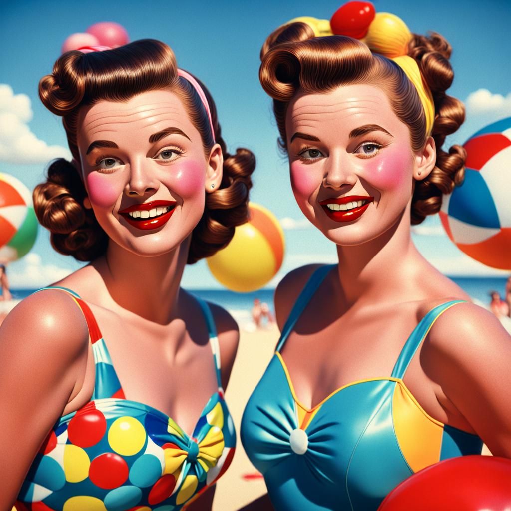 Whimsical Cartoon: Two Ladies in 1950s Beachwear